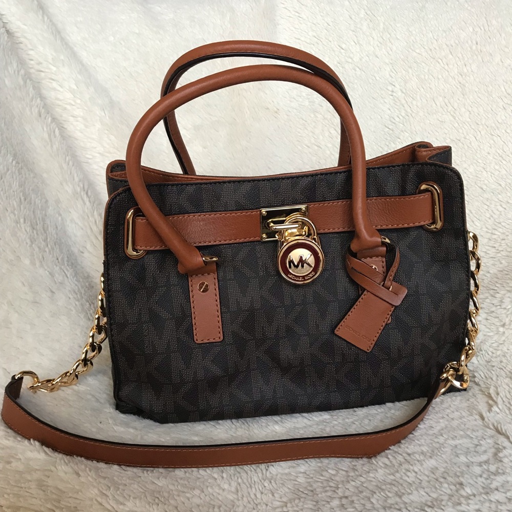 Michael Kors Brown Logo Satchel with Cognac Leather Trim